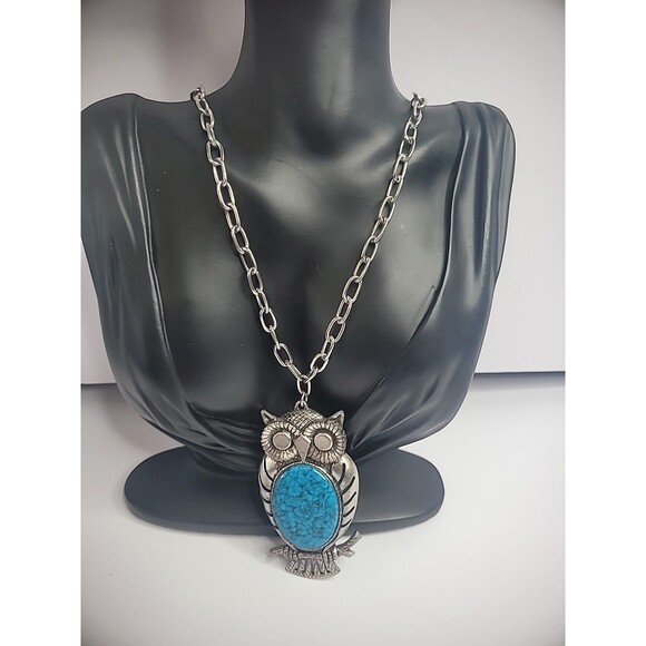 Vintage Silver Tone Owl Pendant Chain Necklace Blue Stone Jewelry Costume - Picture 3 of 12